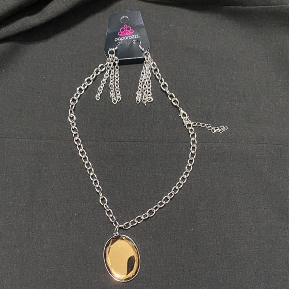 Paparazzi Silver Earings and Chain with Amber Pendant Necklace